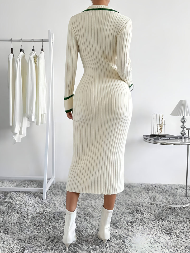 Striped Trim Button Front Sweater Dress