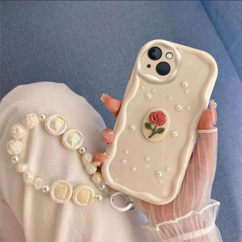 Three-dimensional Pearl Rose  Apple Phone Case Female iPhone13-15Pro Max with Bracelet