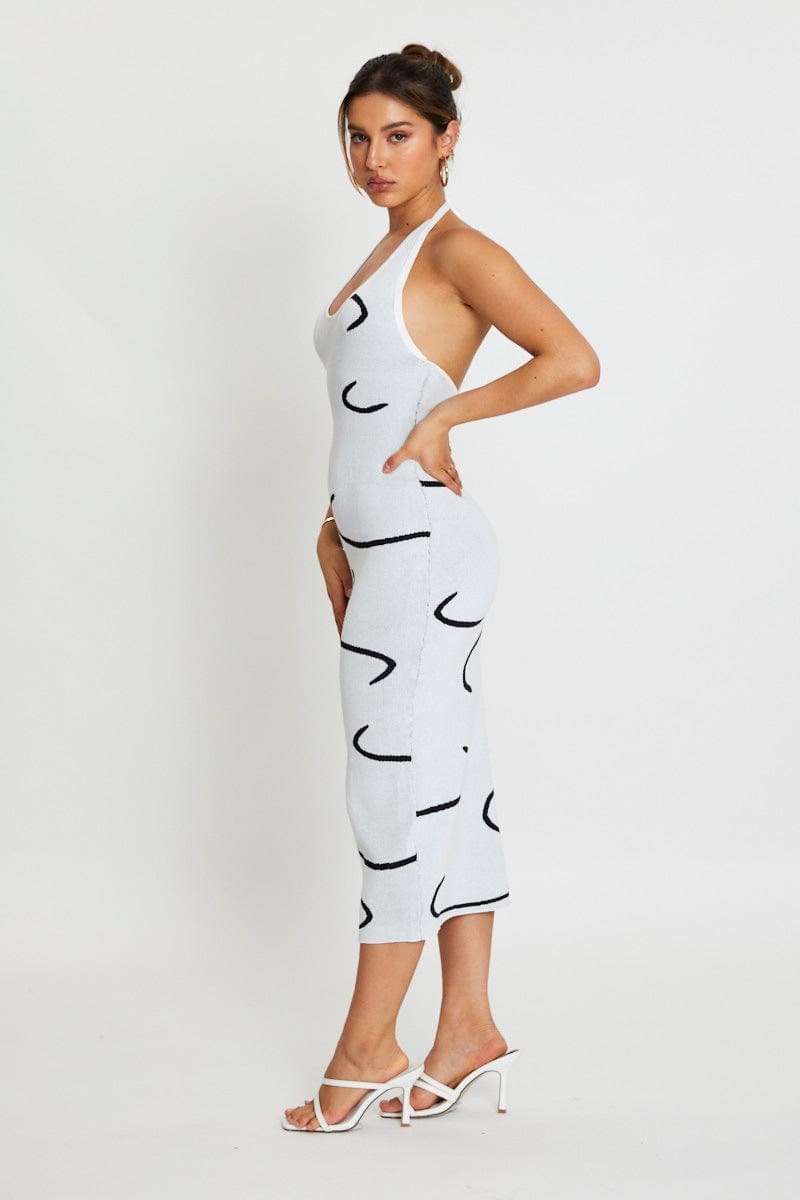 White Bodycon Dress Midi Halter Neck